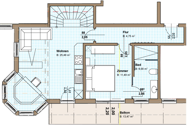 Grundriss Appartement Erker mit 3 Schlafzimmer UG