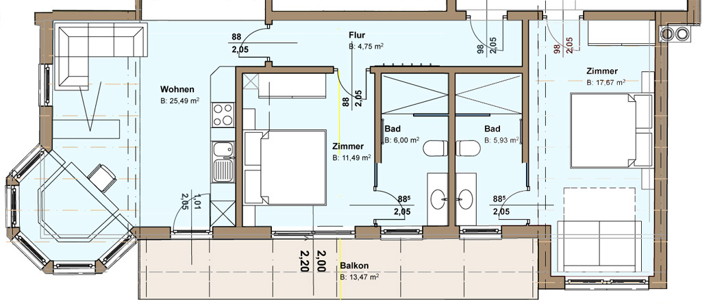 Grundriss Appartement Erker mit 2 Schlafzimmer UG