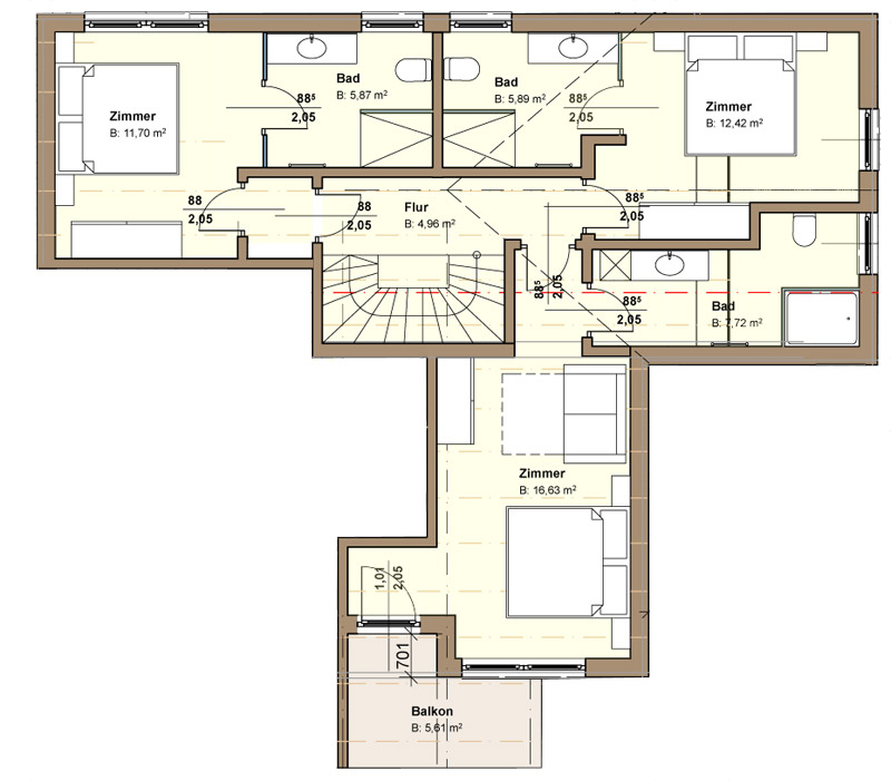 Grundriss Appartement Nord OG mit 4 Schlafzimmern